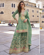 Light Green Simar Silk Plazo With Top & Dupatta For Indian & Pakistani Wedding Festival - Embroidery Work & Tassel lace