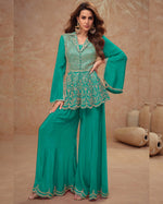 Light Green Chinon Silk Plazo With Top For Indian & Pakistani Wedding Festival - Mirror Dori Thread Sequence Work