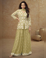 Light Green Chinon Silk Plazo With Kameez & Dupatta For Indian & Pakistani Wedding Festival - Thread Sequence Work