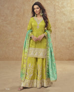 Light Green Simar Silk Plazo With Top & Dupatta For Indian & Pakistani Wedding Festival - Mirror Thread & Sequence Work