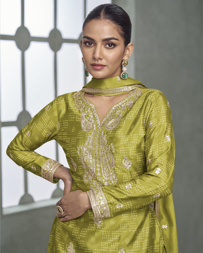 Woman wearing a green traditional outfit with intricate patterns against a neutral background
