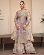 Purple Simar Silk Plazo With Top & Dupatta For Indian & Pakistani Wedding Festival - Dori Thread Sequence Work