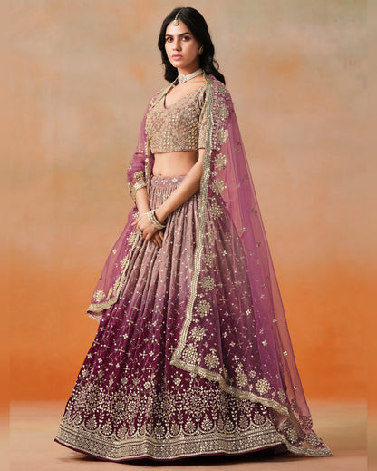 Woman wearing a traditional outfit with a purple and gold lehenga against an orange background