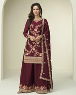 Maroon Chinon Silk Top With Plazo Suit For Indian & Pakistani Wedding Festival occasion - Thread & Sequence Embroidery