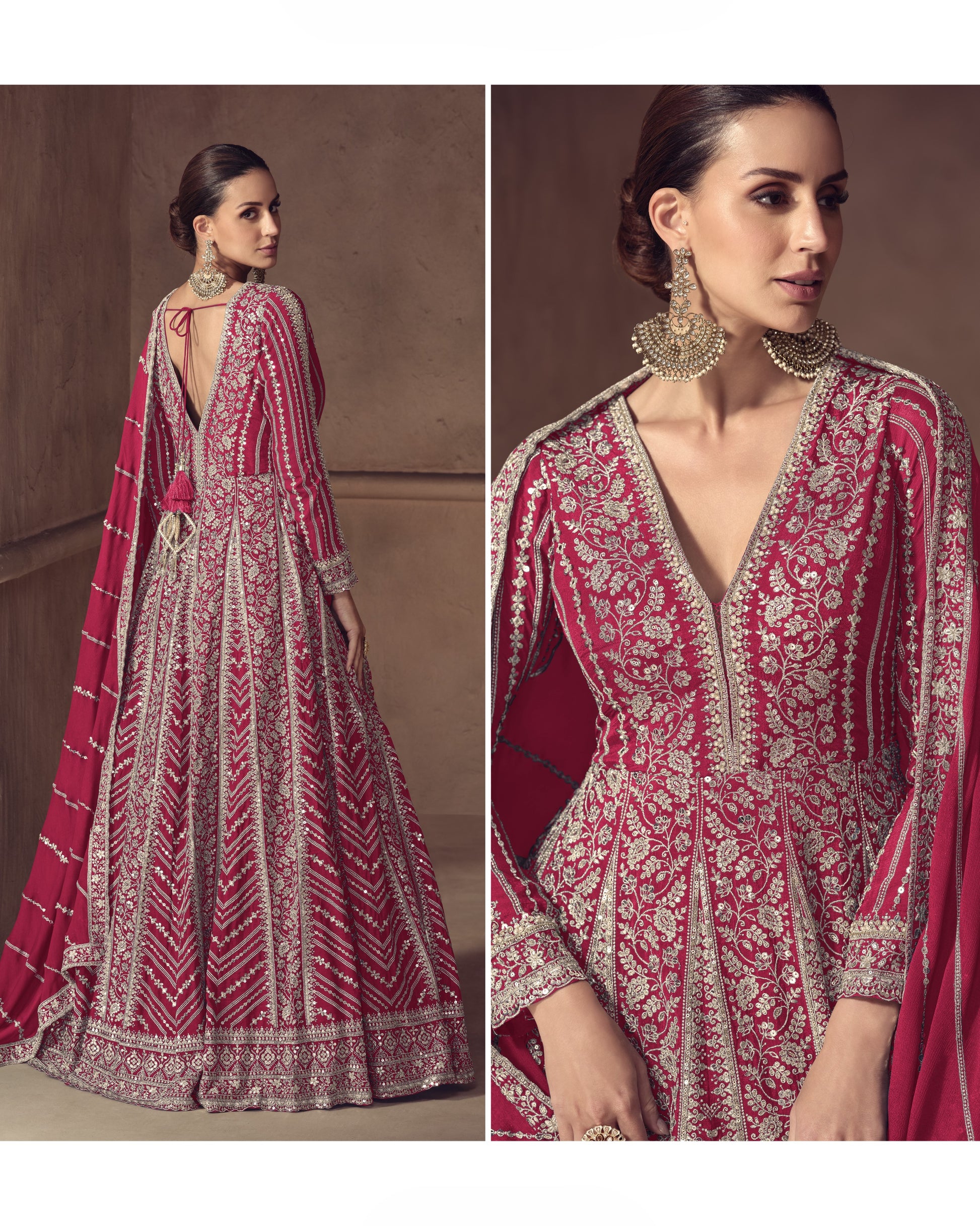 Woman wearing a red and white patterned traditional outfit with a matching dupatta.