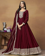 Maroon Silk Anarkali Suit With Dupatta For Indian & Pakistani Wedding Festival - Dori Thread Sequence Work