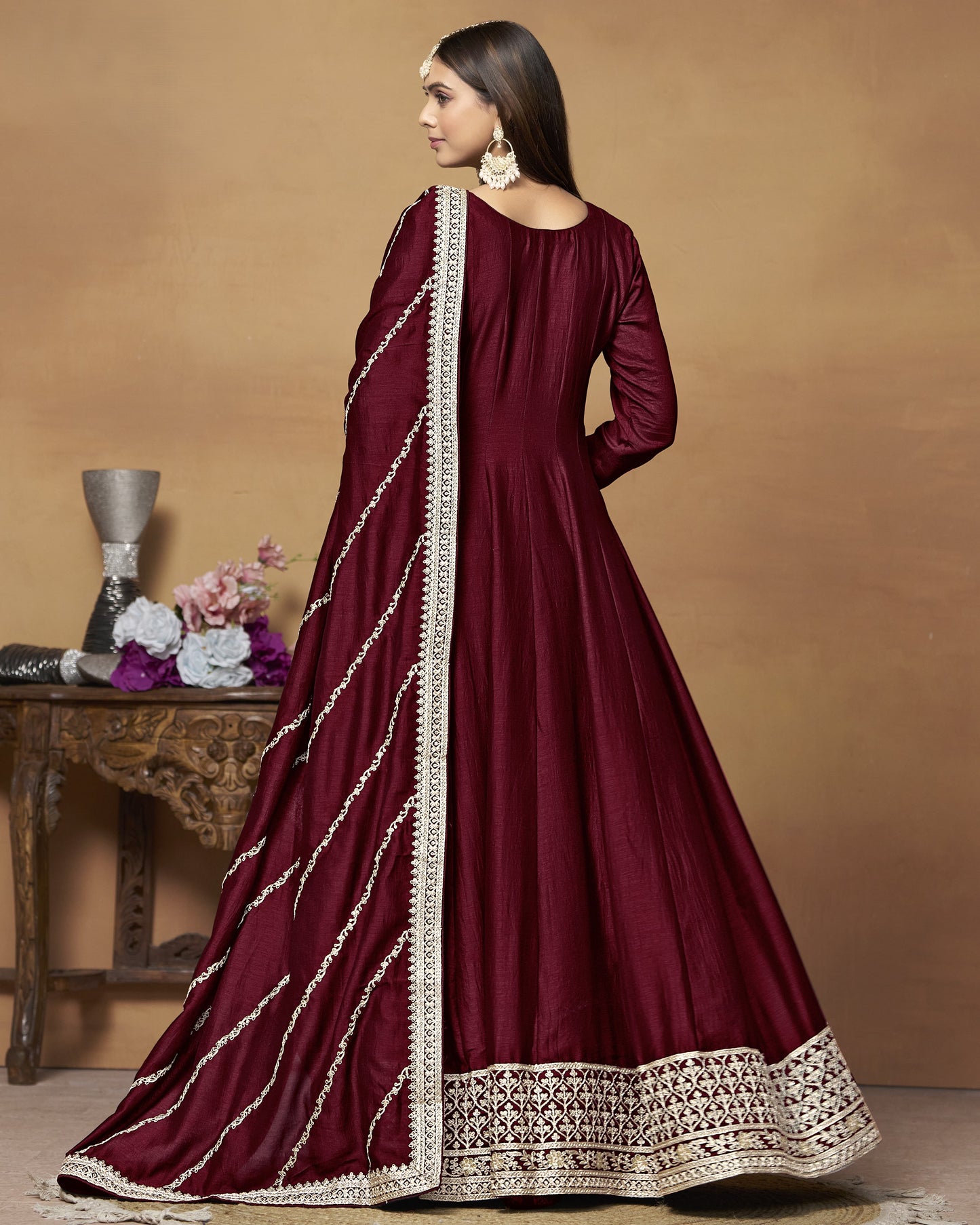 Maroon Silk Anarkali Suit With Dupatta For Indian & Pakistani Wedding Festival - Dori Thread Sequence Work
