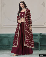 Maroon Chinon Silk Plazo Suit With Blouse & Jacket For Indian & Pakistani Wedding Festival - Dori & Thread Embroidery Work