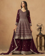 Maroon Georgette Plazo With Kameez & Dupatta For Indian & Pakistani Wedding Festival - Thread Sequence Work