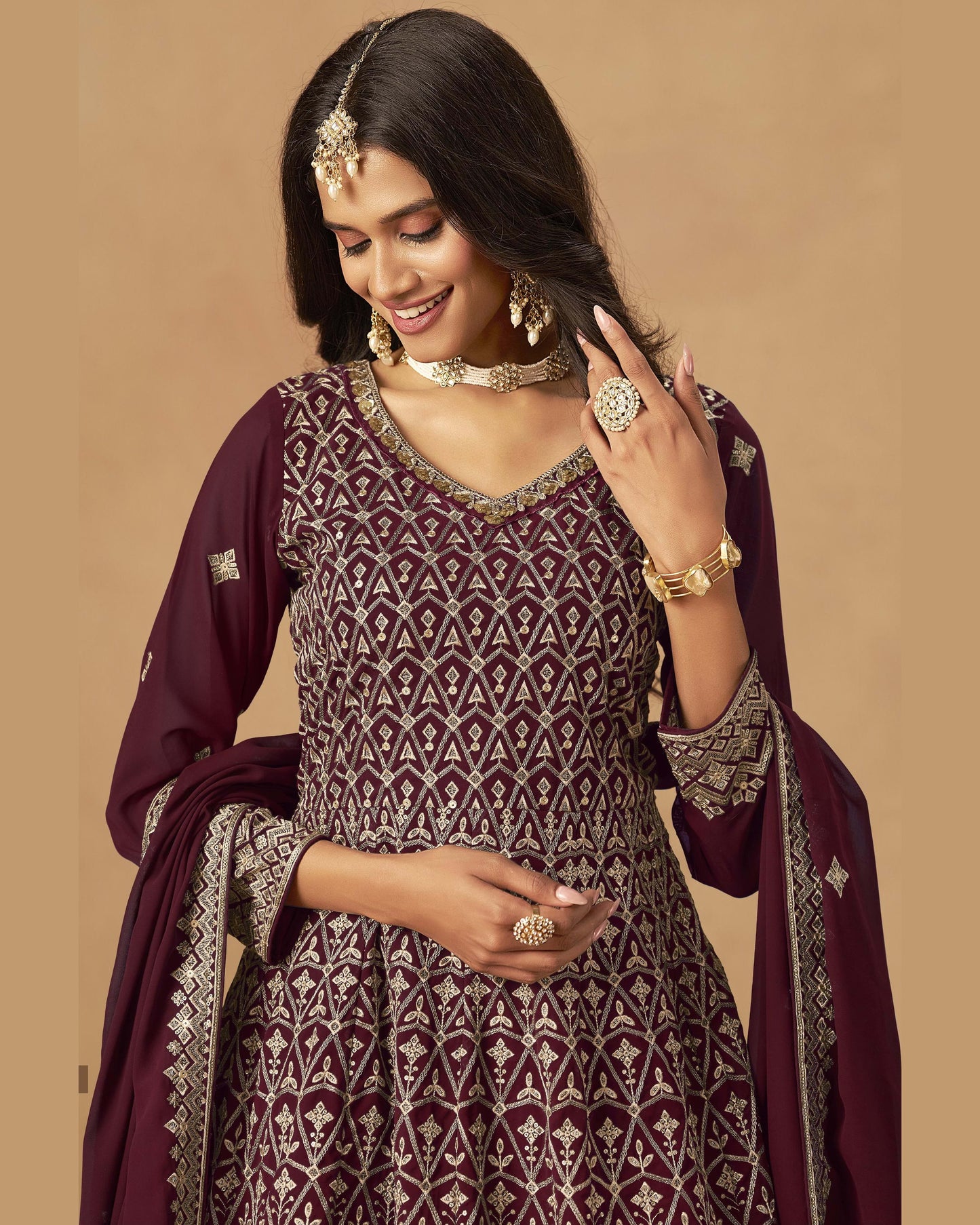Maroon Georgette Plazo With Kameez & Dupatta For Indian & Pakistani Wedding Festival - Thread Sequence Work
