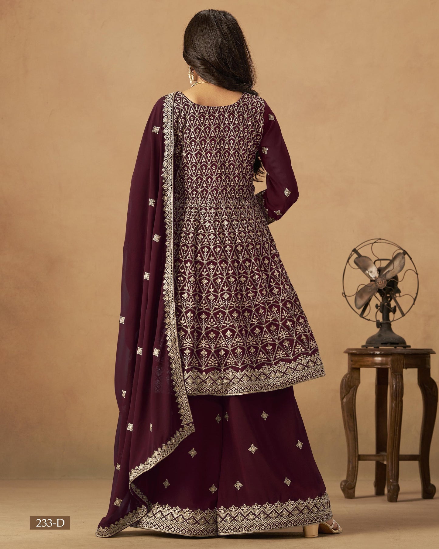 Maroon Georgette Plazo With Kameez & Dupatta For Indian & Pakistani Wedding Festival - Thread Sequence Work