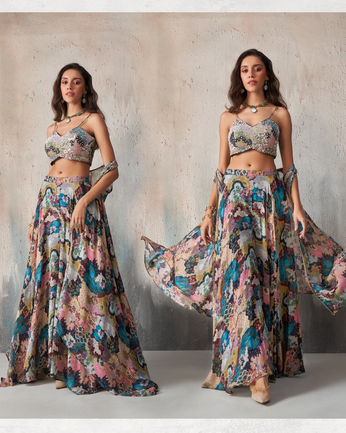 Woman wearing a floral two-piece outfit with a neutral background