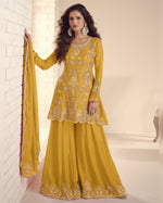Mustard Yellow Chinon Silk Plazo Suit With Kameez & Dupatta For Indian & Pakistani Wedding Festival - Dori, Moti With Thread & Sequence Work