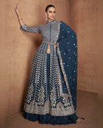 Navy Blue Georgette Anarkali Dress For Indian & Pakistani Wedding Festival - Thread & Sequence Embroidery