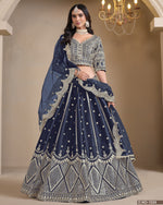 Navy Blue Silk Lehenga Choli With Blouse & Dupatta For Indian & Pakistani Wedding Festival - Thread & Sequins Embroidery Work