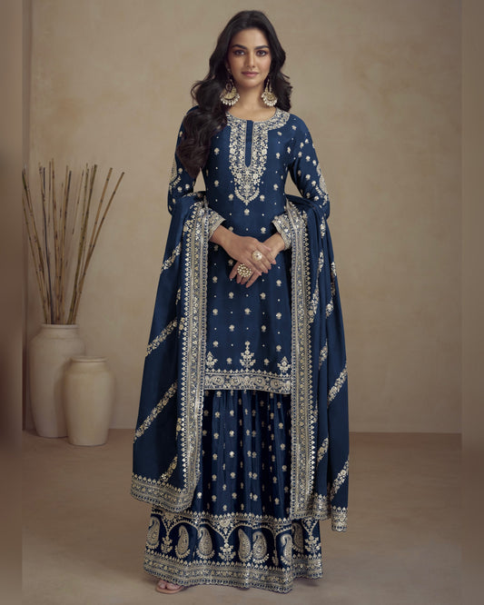 Navy Blue Chinon Silk Plazo With Top & Dupatta For Indian & Pakistani Wedding Festival - Dori Thread & Sequence Work