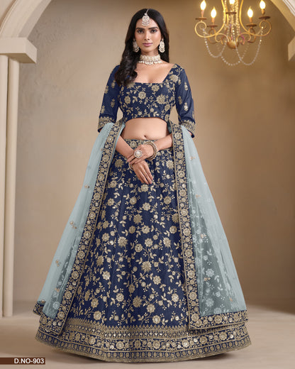 Navy blue embroidered lehenga with light blue dupatta on a neutral background