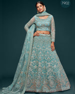Sky Blue Net Lehenga With Blouse & Dupatta For Indian & Pakistani Wedding Festival - Thread, Zari, Badla and Glitter Dori Embroidery Work