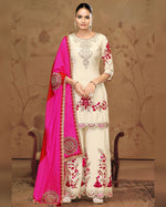 Off-White Chinon Silk Plazo With Top & Dupatta For Indian & Pakistani Wedding Festival - Embroidery Lace & Mirror Work