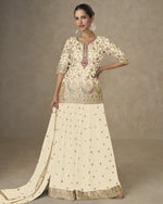 Off-White Chinon Silk Plazo With Top & Dupatta For Indian & Pakistani Wedding Festival - Thread Sequence Work