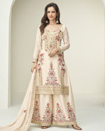 Off-White Chinon Silk Plazo With Top & Dupatta For Indian & Pakistani Wedding Festival - Printed - Dori Thread Sequence Work