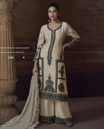 Off-White Chinon Silk Plazo Suit With Kameez & Dupatta For Indian & Pakistani Wedding Festival - Thread Embroidery Work
