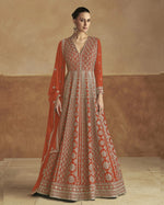 Orange Chinon Silk Anarkali Dress For Indian & Pakistani Wedding Festival - Thread & Sequence Embroidery
