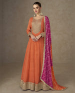 Orange Chinon Silk Anarkali Suit With Dupatta For Indian & Pakistani Wedding Festival - Thread Sequence Work