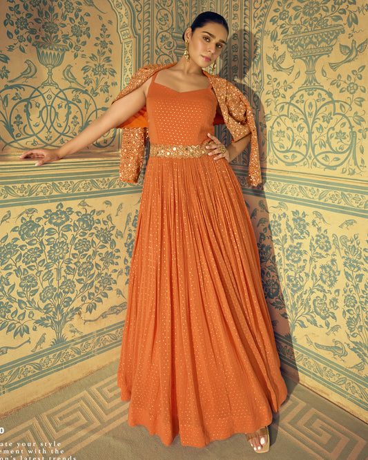 Orange Simmer Jacquard Anarkali Suit With Jacket For Indian & Pakistani Wedding Festival Season - Mirror With Thread & Sequence Embroidery Work