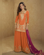 Orange Chinon Silk Top With Plazo Suit For Indian & Pakistani Wedding occasion - Thread & Sequence Embroidery
