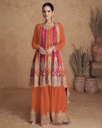 Orange Chinon Silk Plazo With Top & Dupatta For Indian & Pakistani Wedding Festival - Dori Mirror Thread Sequence Work