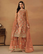 Orange Net Sharara Suit With Kameez & Dupatta For Indian & Pakistani Wedding Festival - Thread Sequence Work