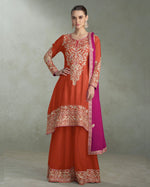 Orange Chinon Silk Plazo Suit For Indian & Pakistani Wedding Festival - Thread & Sequence Embroidery