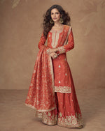 Orange Shimmer Silk Plazo Suit For Indian & Pakistani Wedding Festival - Thread & Sequence Embroidery