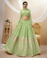 Pastel Green Georgette Blouse With Lehenga For Indian & Pakistani Wedding Festival - Sequins Zari Embroidered Work