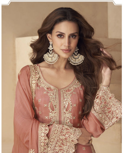 Woman wearing a traditional outfit with intricate embroidery and jewelry against a neutral background