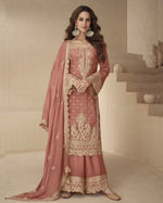 Peach Chinon Silk Top With Plazo And Dupatta For Indian & Pakistani Wedding occasion - Thread & Sequence Embroidery