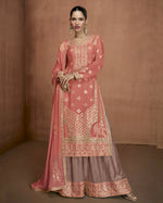 Peach Chinon Silk Plazo With Top And Dupatta For Indian & Pakistani Wedding occasion - Thread & Sequence Embroidery