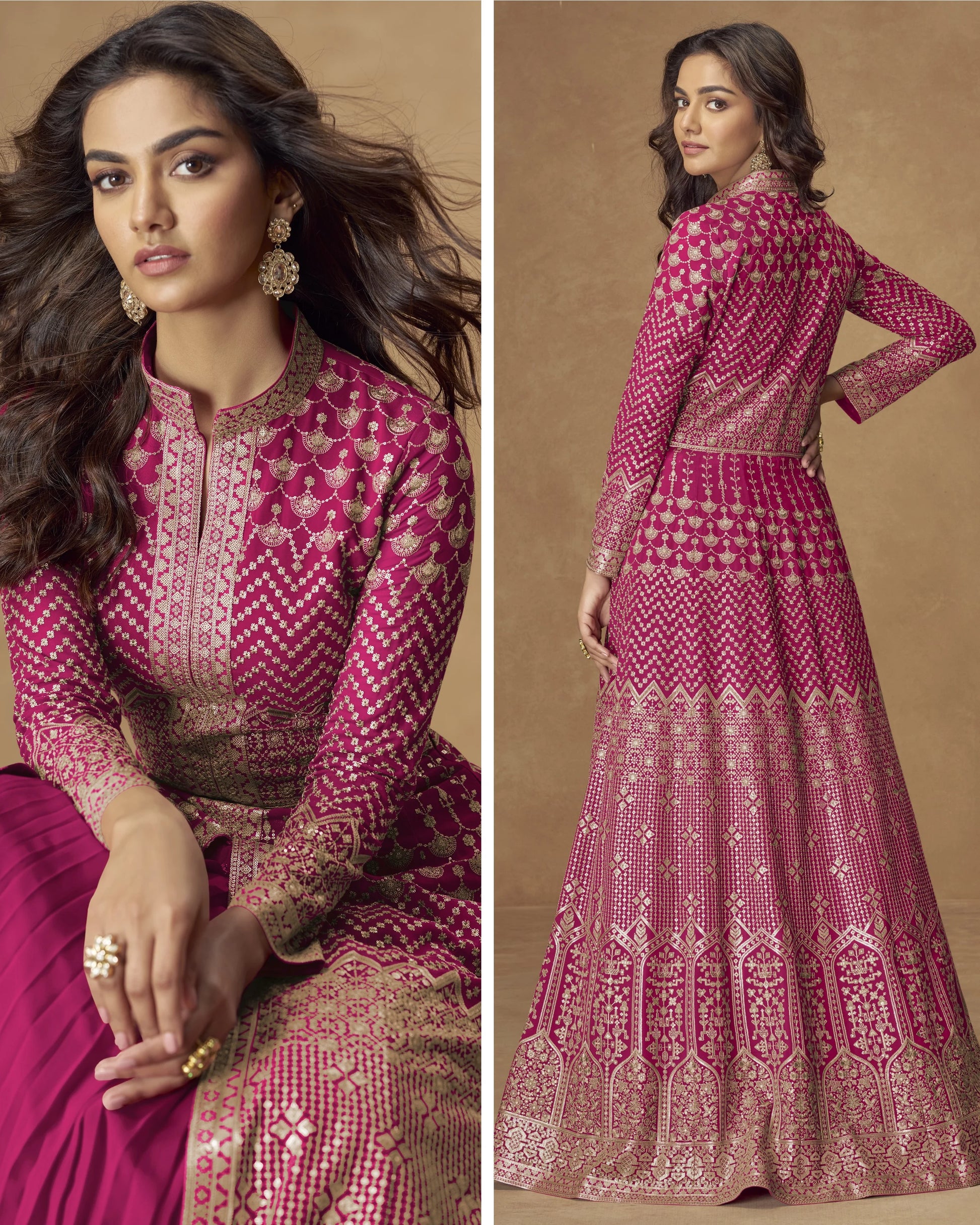Woman wearing a pink and gold traditional outfit with intricate patterns, sitting and posing against a beige background.
