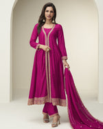 Pink Silk Anarkali Suit With Bottom & Dupatta For Indian & Pakistani Wedding Festival - Thread Sequence Work