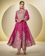 Pink Chinon Silk Anarkali Suit With Bottom & Dupatta For Indian & Pakistani Wedding Festival - Thread & Sequence Embroidery Work