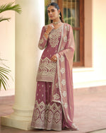 Pink Silk Plazo Suit With Kameez & Dupatta For Indian & Pakistani Wedding Festival - Dori With Thread Embroidery Work