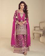 Pink Chinon Digital Plazo With Top & Dupatta For Indian & Pakistani Wedding Festival - Dori Mirror Thread Sequence Work