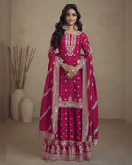 Pink Chinon Silk Plazo With Top & Dupatta For Indian & Pakistani Wedding Festival - Dori Thread & Sequence Work
