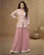 Pink Chinon Silk Plazo With Kameez & Dupatta For Indian & Pakistani Wedding Festival - Thread Sequence Work