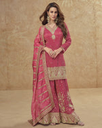 Pink Simar Silk Plazo With Top & Dupatta For Indian & Pakistani Wedding Festival - Mirror Thread & Sequence Work
