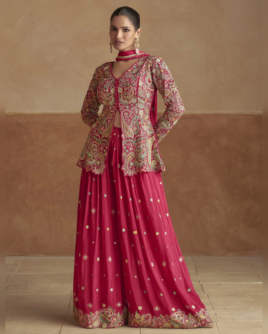 Woman wearing a traditional outfit with a pink lehenga and embroidered jacket against a beige wall.