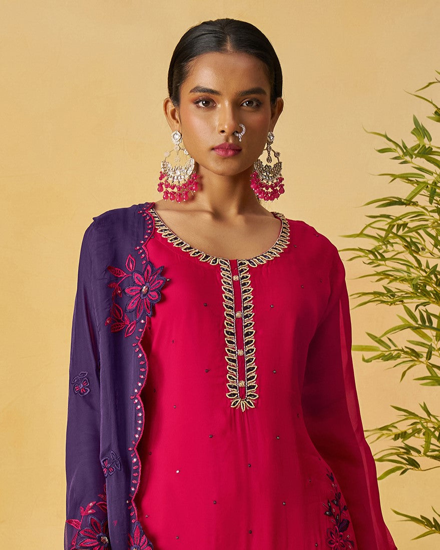 Woman wearing a pink and purple traditional outfit with embroidery, standing against a beige background with green leaves.