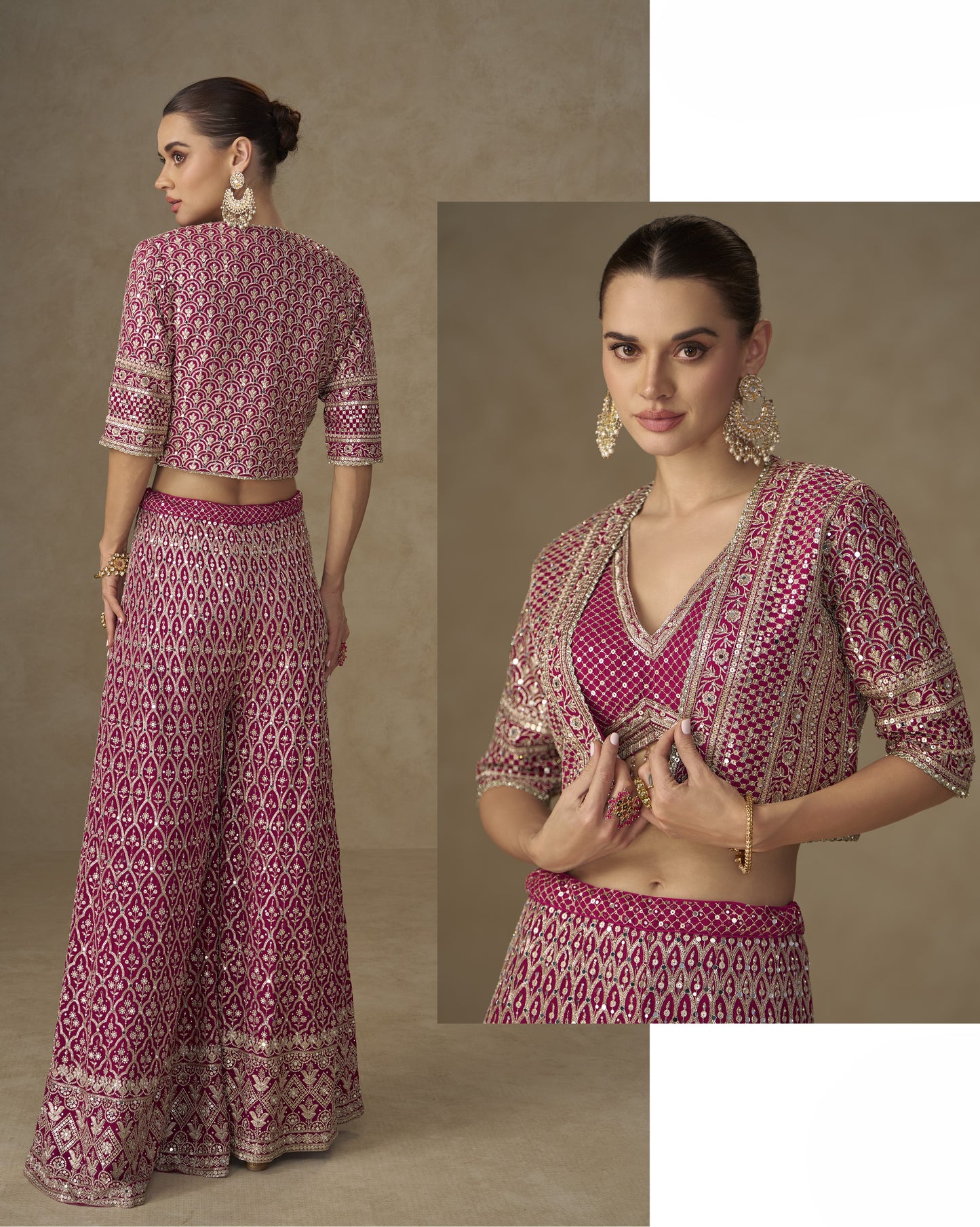 Woman wearing a pink patterned outfit with a blouse and palazzo pants on a beige background.