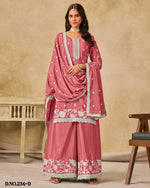 Pink Chinon Silk Plazo With Top & Dupatta For Indian & Pakistani Wedding Festival - Thread Sequence Work